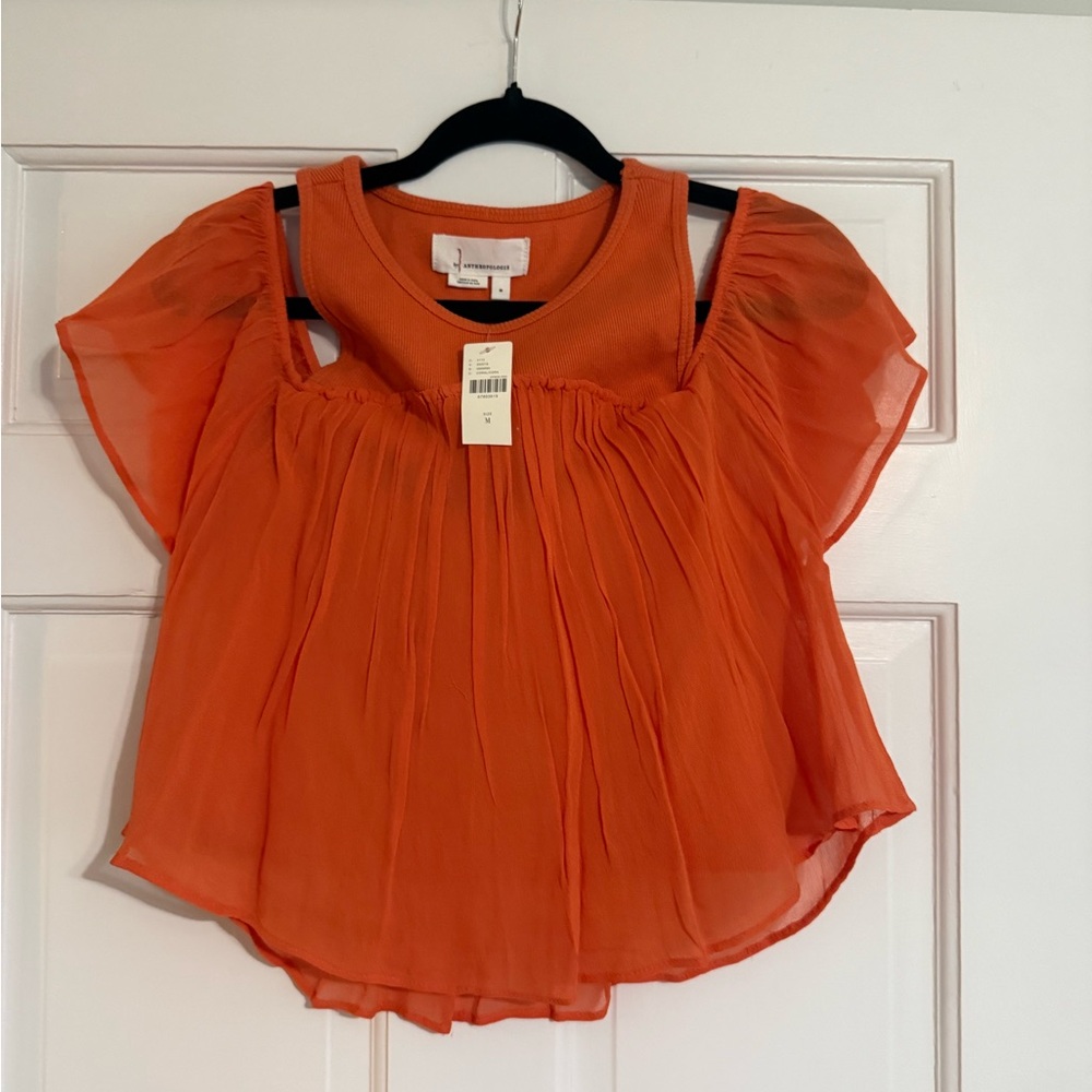 Anthropologie Orange Flutter Sleeve Blouse